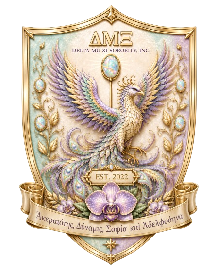 Delta Mu Xi Sorority, Incorporated official shield with Greek letters Delta Mu Xi, orchids and opals